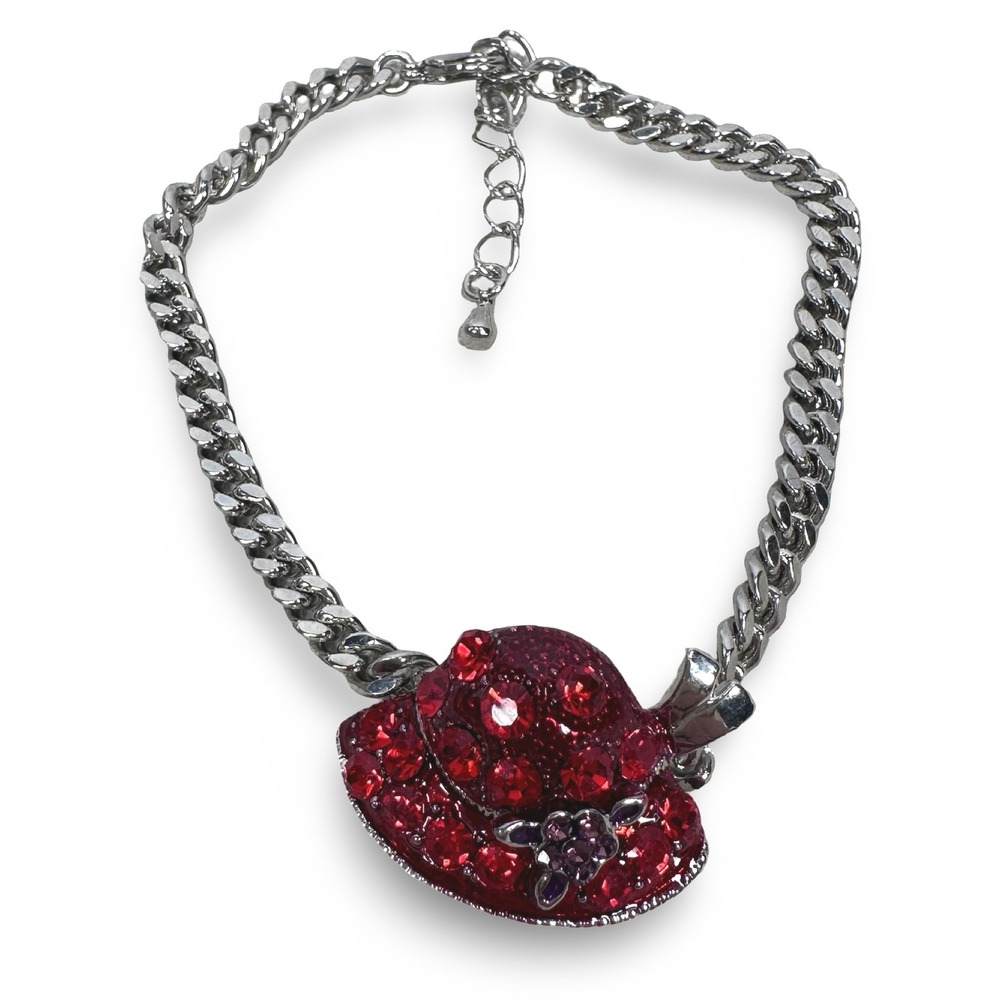 Red Rhinestone Sun Hat Pendant Silver Tone‎ Curb Chain Statement Bracelet 9"